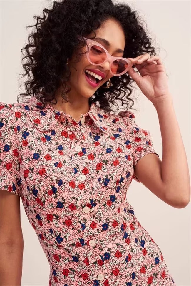 Winter Women Clothing Slim Short Sleeve Print Dress