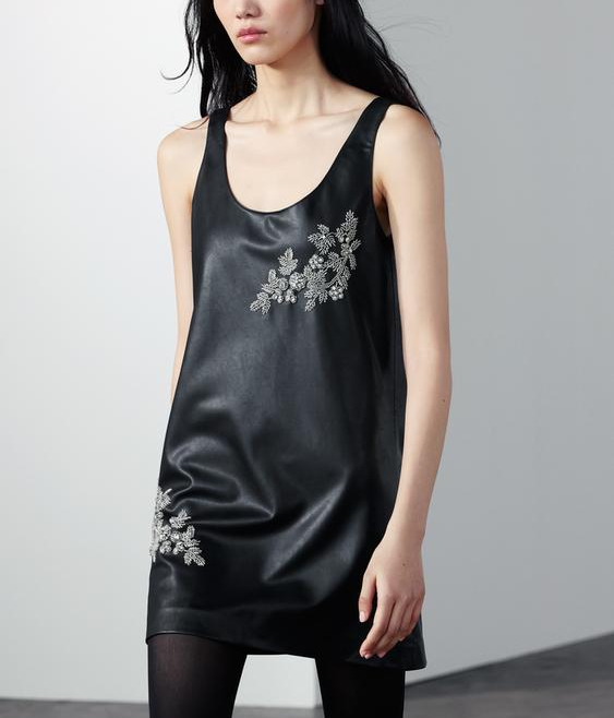 Women Clothing Winter Simple All Match Beaded Faux Leather Dress - Iyanka