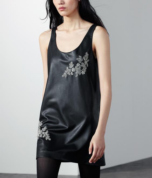Women Clothing Winter Simple All Match Beaded Faux Leather Dress - Iyanka