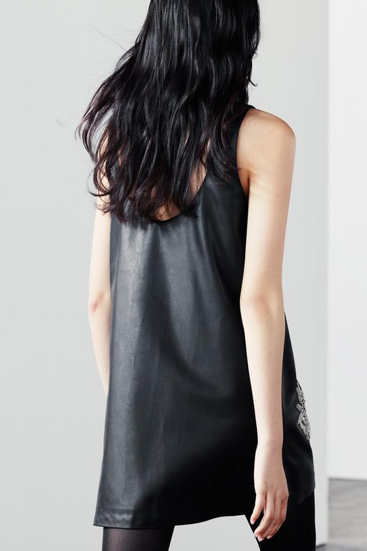Women Clothing Winter Simple All Match Beaded Faux Leather Dress - Iyanka