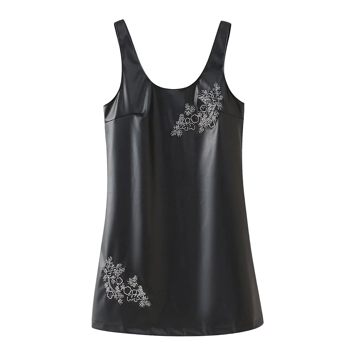 Women Clothing Winter Simple All Match Beaded Faux Leather Dress - Iyanka