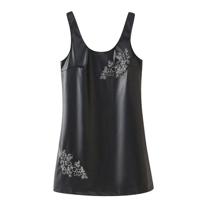 Women Clothing Winter Simple All Match Beaded Faux Leather Dress - Iyanka