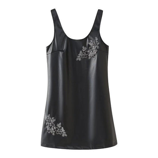 Women Clothing Winter Simple All Match Beaded Faux Leather Dress - Iyanka