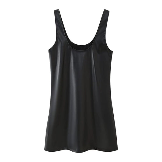 Women Clothing Winter Simple All Match Beaded Faux Leather Dress - Iyanka