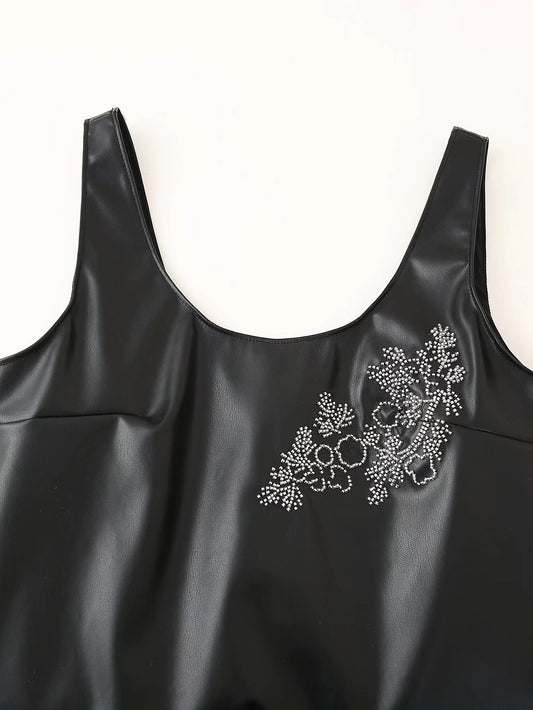Women Clothing Winter Simple All Match Beaded Faux Leather Dress - Iyanka