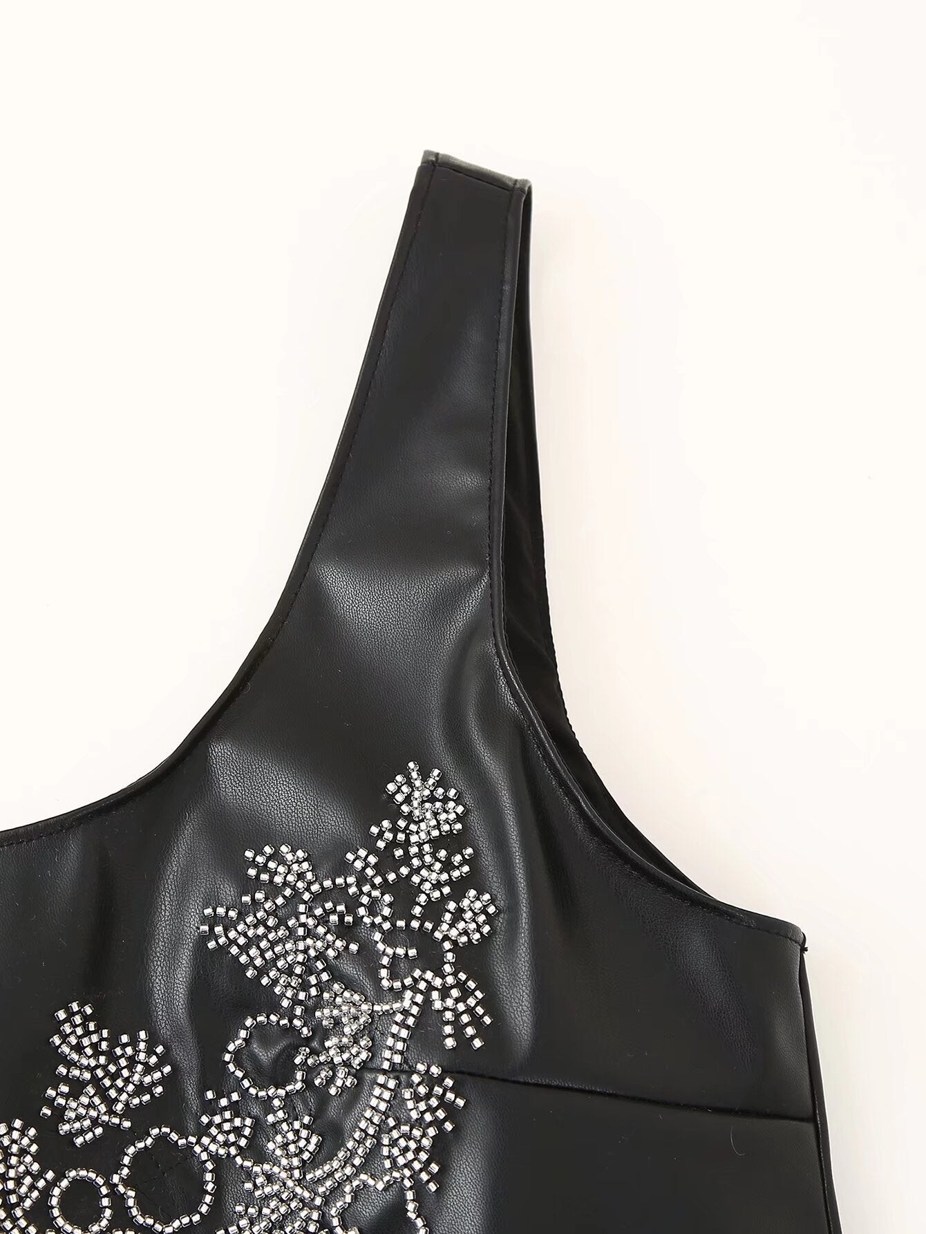 Women Clothing Winter Simple All Match Beaded Faux Leather Dress - Iyanka
