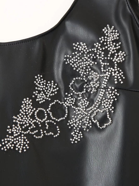 Women Clothing Winter Simple All Match Beaded Faux Leather Dress - Iyanka