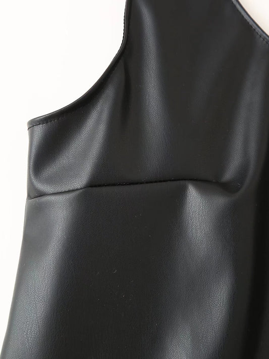 Women Clothing Winter Simple All Match Beaded Faux Leather Dress - Iyanka
