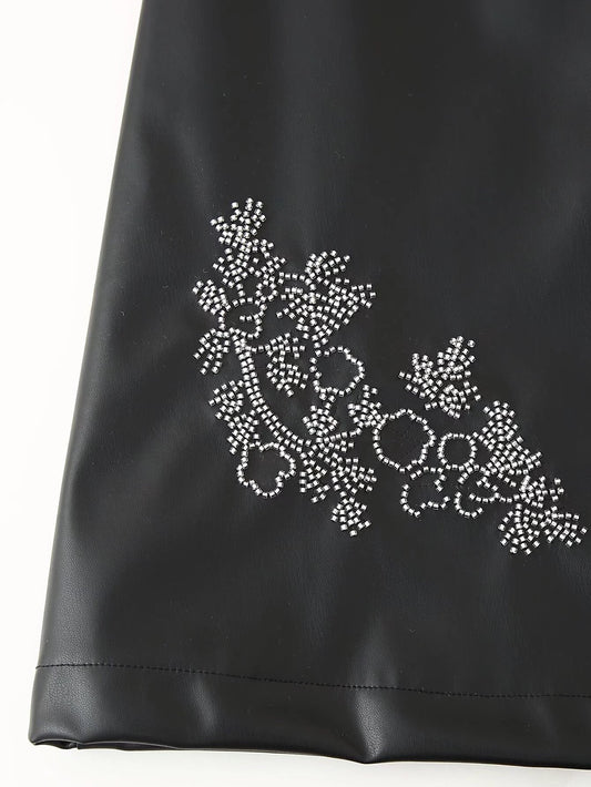 Women Clothing Winter Simple All Match Beaded Faux Leather Dress - Iyanka