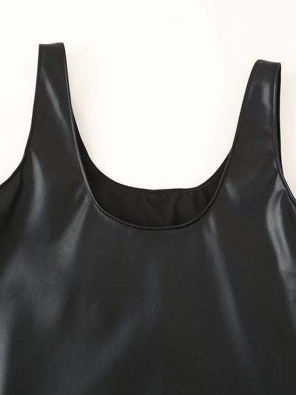 Women Clothing Winter Simple All Match Beaded Faux Leather Dress - Iyanka