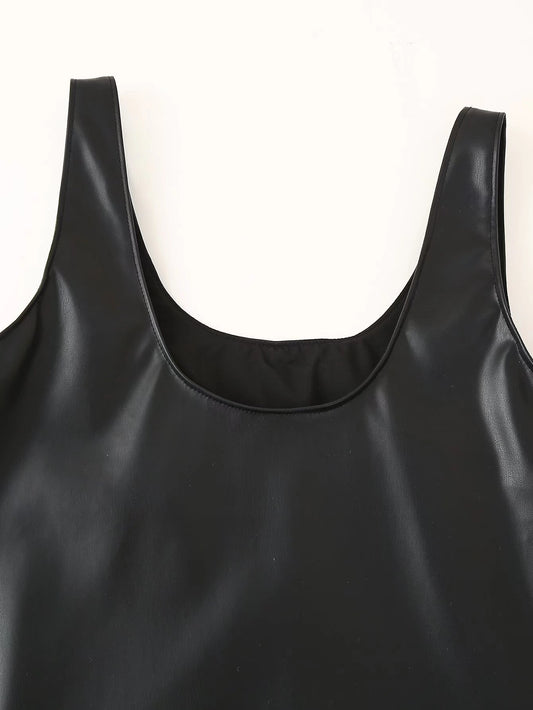 Women Clothing Winter Simple All Match Beaded Faux Leather Dress - Iyanka