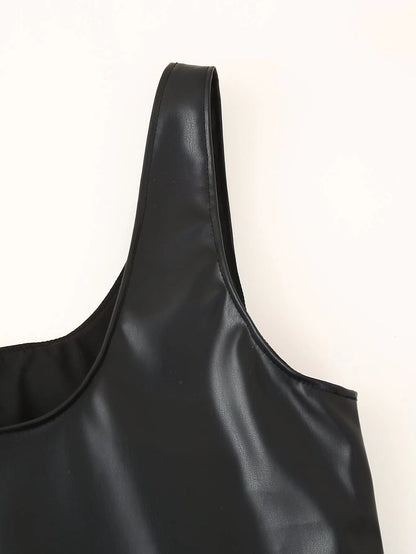Women Clothing Winter Simple All Match Beaded Faux Leather Dress - Iyanka
