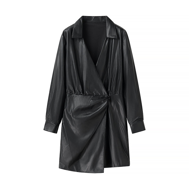 Winter Women Clothing Simple V neck Long Sleeve Irregular Asymmetric Dress - Iyanka