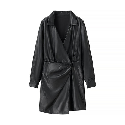 Winter Women Clothing Simple V neck Long Sleeve Irregular Asymmetric Dress - Iyanka