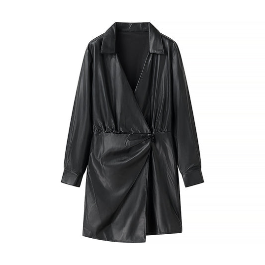 Winter Women Clothing Simple V neck Long Sleeve Irregular Asymmetric Dress - Iyanka