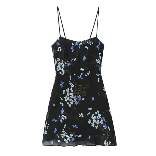 Spring Women Floral Print Slim Fit Short Ruffled Spaghetti Straps Dress
