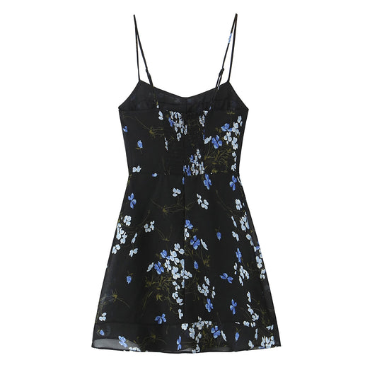 Spring Women Floral Print Slim Fit Short Ruffled Spaghetti Straps Dress