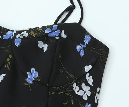 Spring Women Floral Print Slim Fit Short Ruffled Spaghetti Straps Dress