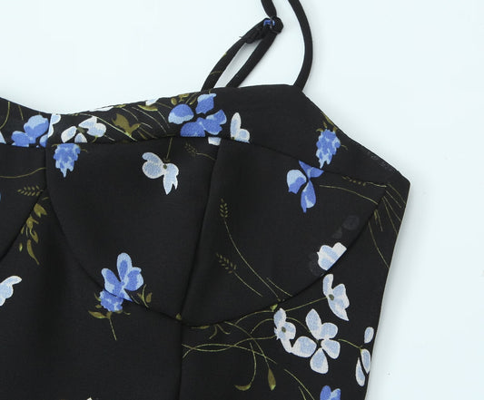 Spring Women Floral Print Slim Fit Short Ruffled Spaghetti Straps Dress