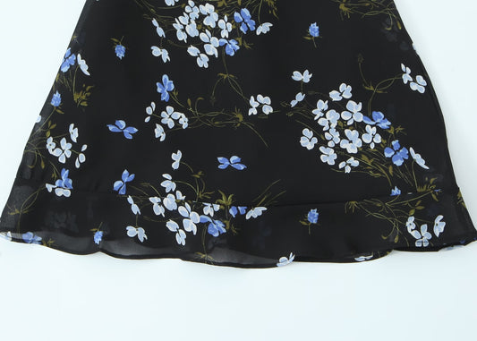 Spring Women Floral Print Slim Fit Short Ruffled Spaghetti Straps Dress