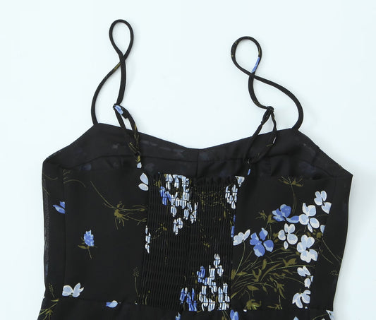 Spring Women Floral Print Slim Fit Short Ruffled Spaghetti Straps Dress