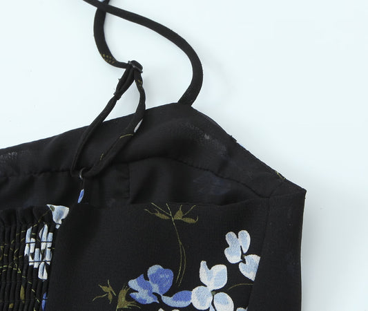 Spring Women Floral Print Slim Fit Short Ruffled Spaghetti Straps Dress