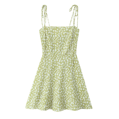 Women Clothing Spring French Floral Tight Waist Suspenders Short Dress