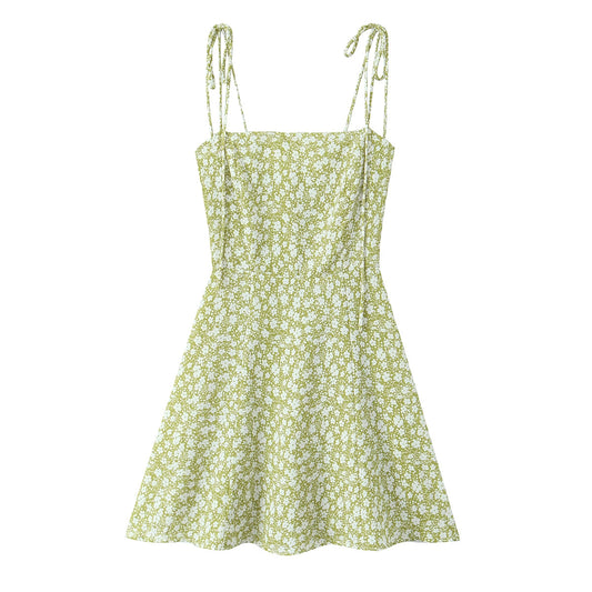 Women Clothing Spring French Floral Tight Waist Suspenders Short Dress