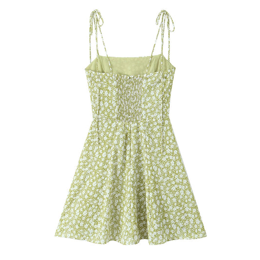 Women Clothing Spring French Floral Tight Waist Suspenders Short Dress