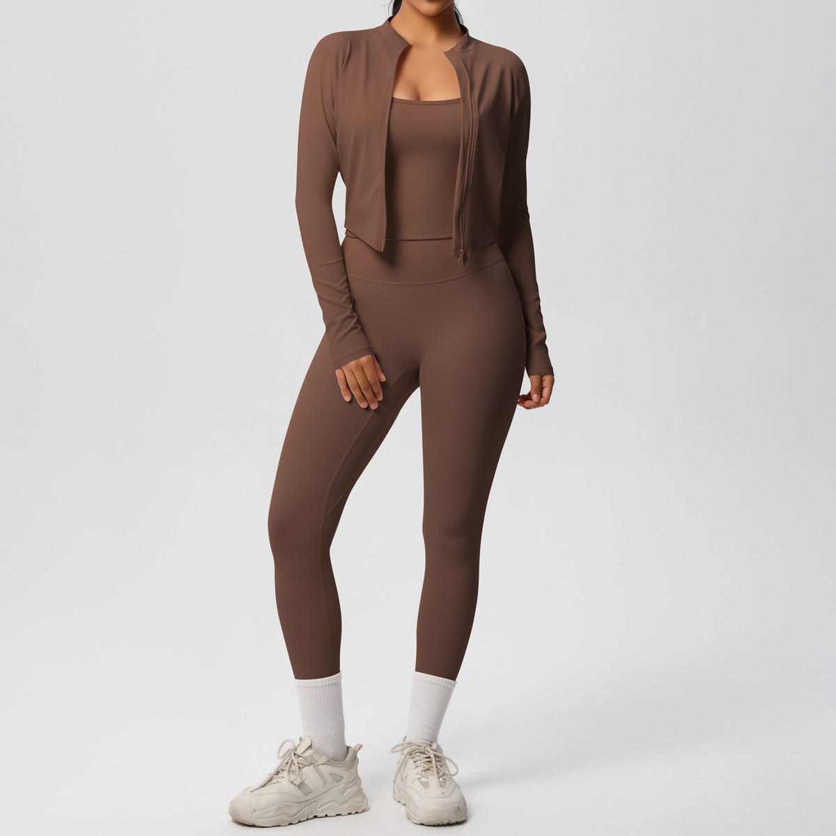 Skinny Yoga Pants High Waist Nude Feel Camisole Sports Zip Long Sleeve Coat Workout Clothes Three Piece Set - Iyanka