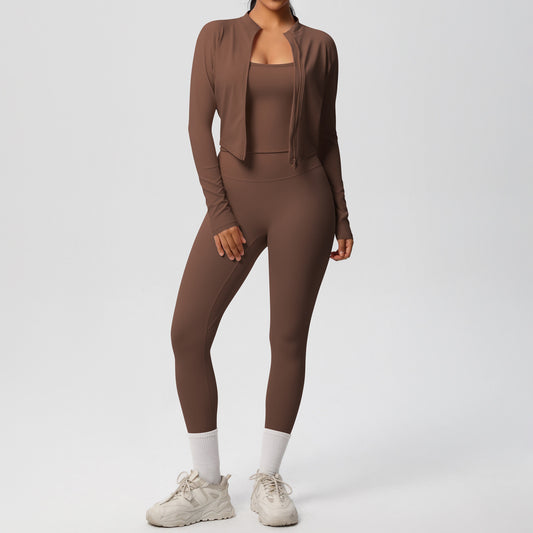 Skinny Yoga Pants High Waist Nude Feel Camisole Sports Zip Long Sleeve Coat Workout Clothes Three Piece Set - Iyanka