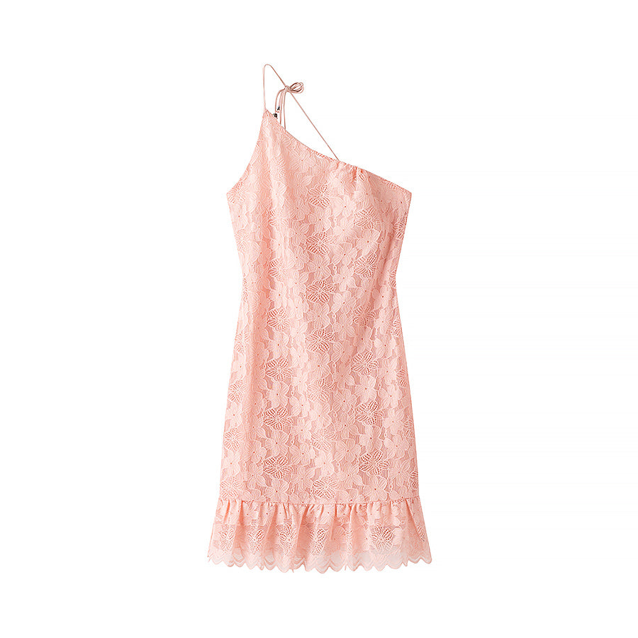 Spring Summer Women Sexy Oblique Shoulder Sling Slim Lace Printing Dress