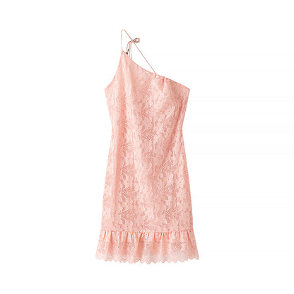 Spring Summer Women Sexy Oblique Shoulder Sling Slim Lace Printing Dress