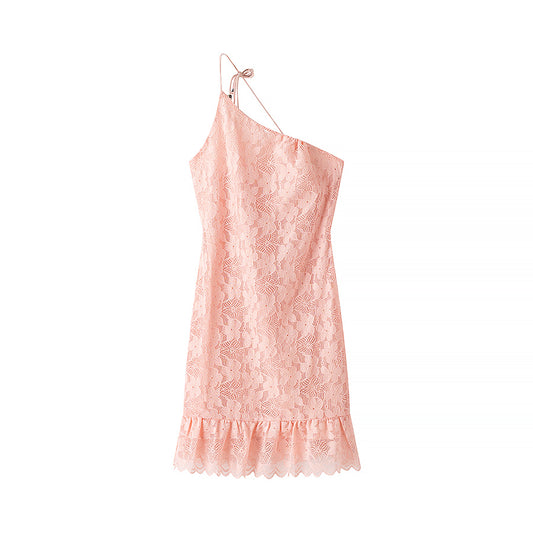 Spring Summer Women Sexy Oblique Shoulder Sling Slim Lace Printing Dress