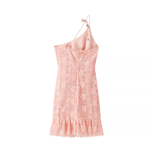 Spring Summer Women Sexy Oblique Shoulder Sling Slim Lace Printing Dress