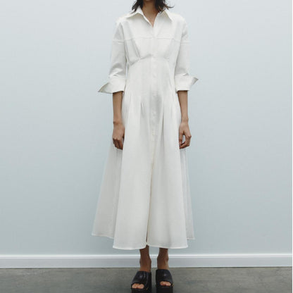 Women Solid Color Tied Shirt Midi Dress