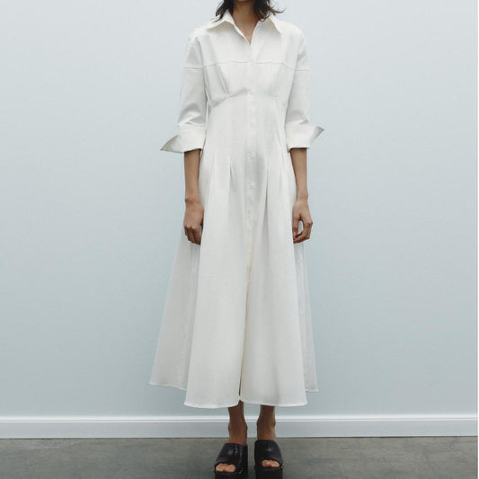 Women Solid Color Tied Shirt Midi Dress