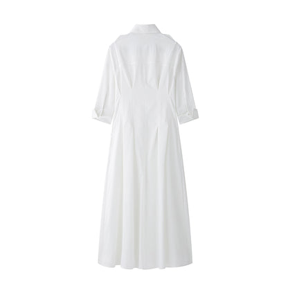 Women Solid Color Tied Shirt Midi Dress