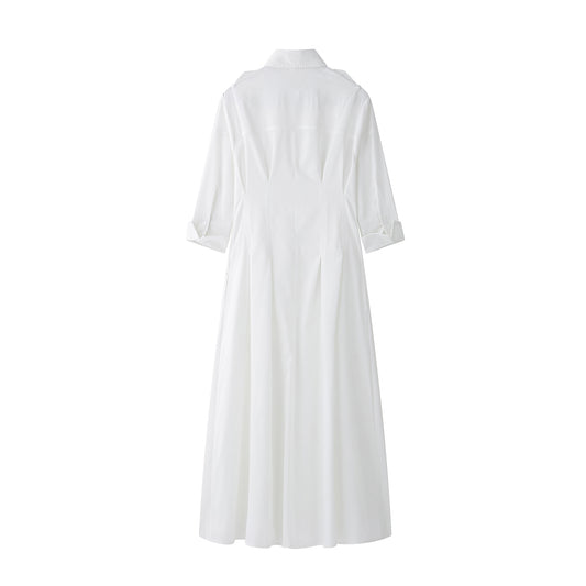 Women Solid Color Tied Shirt Midi Dress