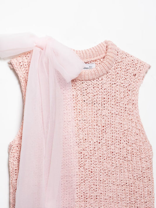 Spring Women Clothing Transparent Bowknot Decoration Knitted Top - Iyanka