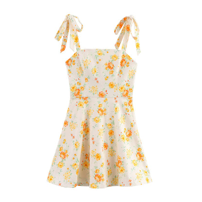 Spring Women Clothing Bowknot Decoration Floral Printed Poplin Dress