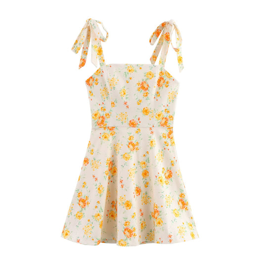 Spring Women Clothing Bowknot Decoration Floral Printed Poplin Dress