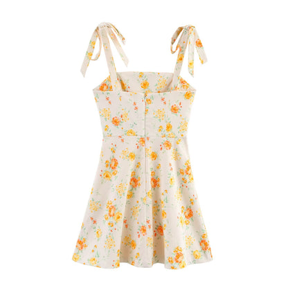 Spring Women Clothing Bowknot Decoration Floral Printed Poplin Dress