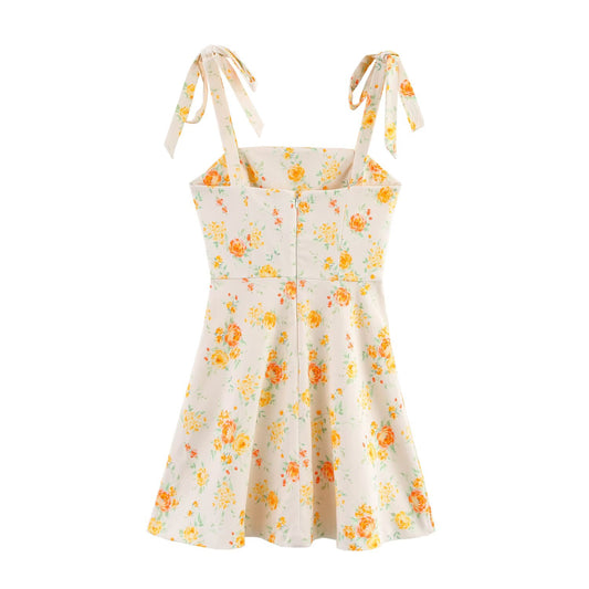 Spring Women Clothing Bowknot Decoration Floral Printed Poplin Dress