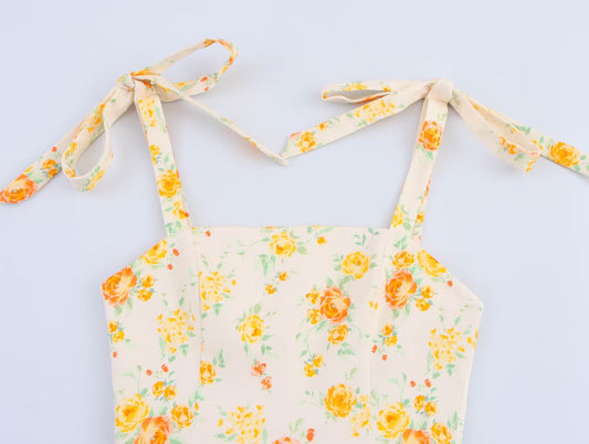 Spring Women Clothing Bowknot Decoration Floral Printed Poplin Dress