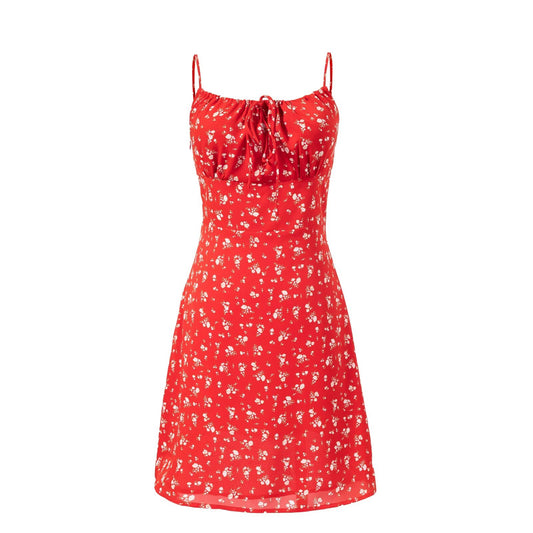 Summer Seaside Holiday Suspender Dress Women Fresh Sweet Floral Slim Fit Cinched Short Dress