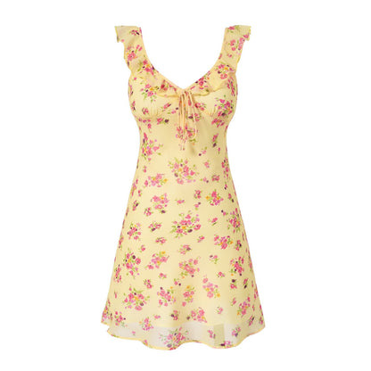 Spring Vacation Summer Cool Yellow Background Printing Short Women Dress