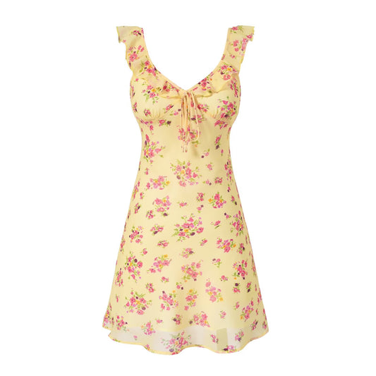Spring Vacation Summer Cool Yellow Background Printing Short Women Dress