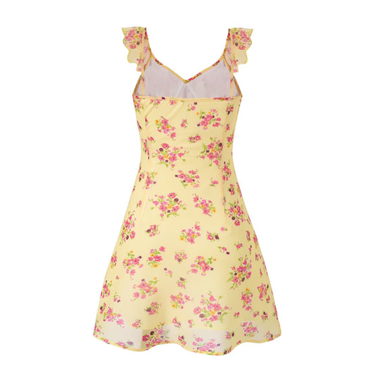Spring Vacation Summer Cool Yellow Background Printing Short Women Dress