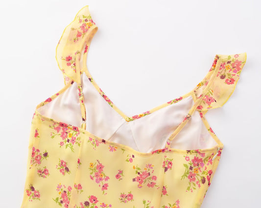Spring Vacation Summer Cool Yellow Background Printing Short Women Dress